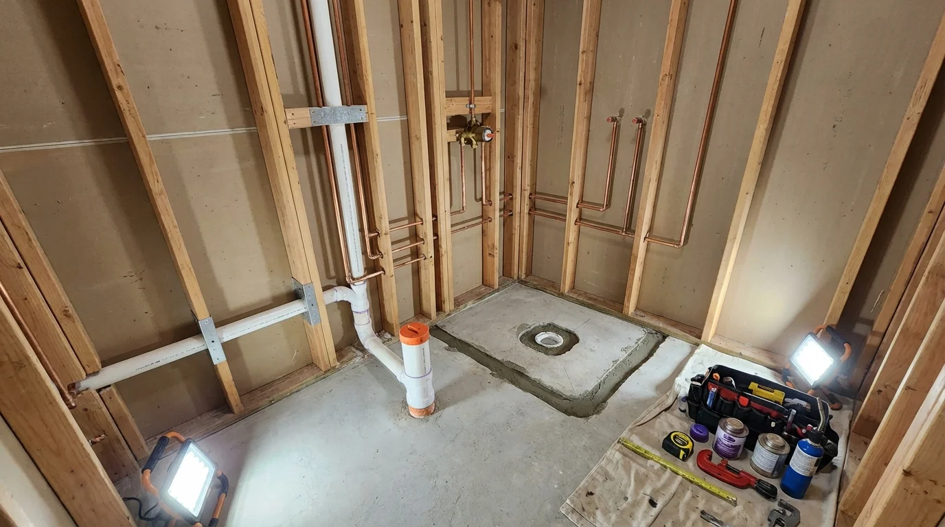Bathroom rough-in plumbing during remodel by Johns Plumbing LLC in South Burlington