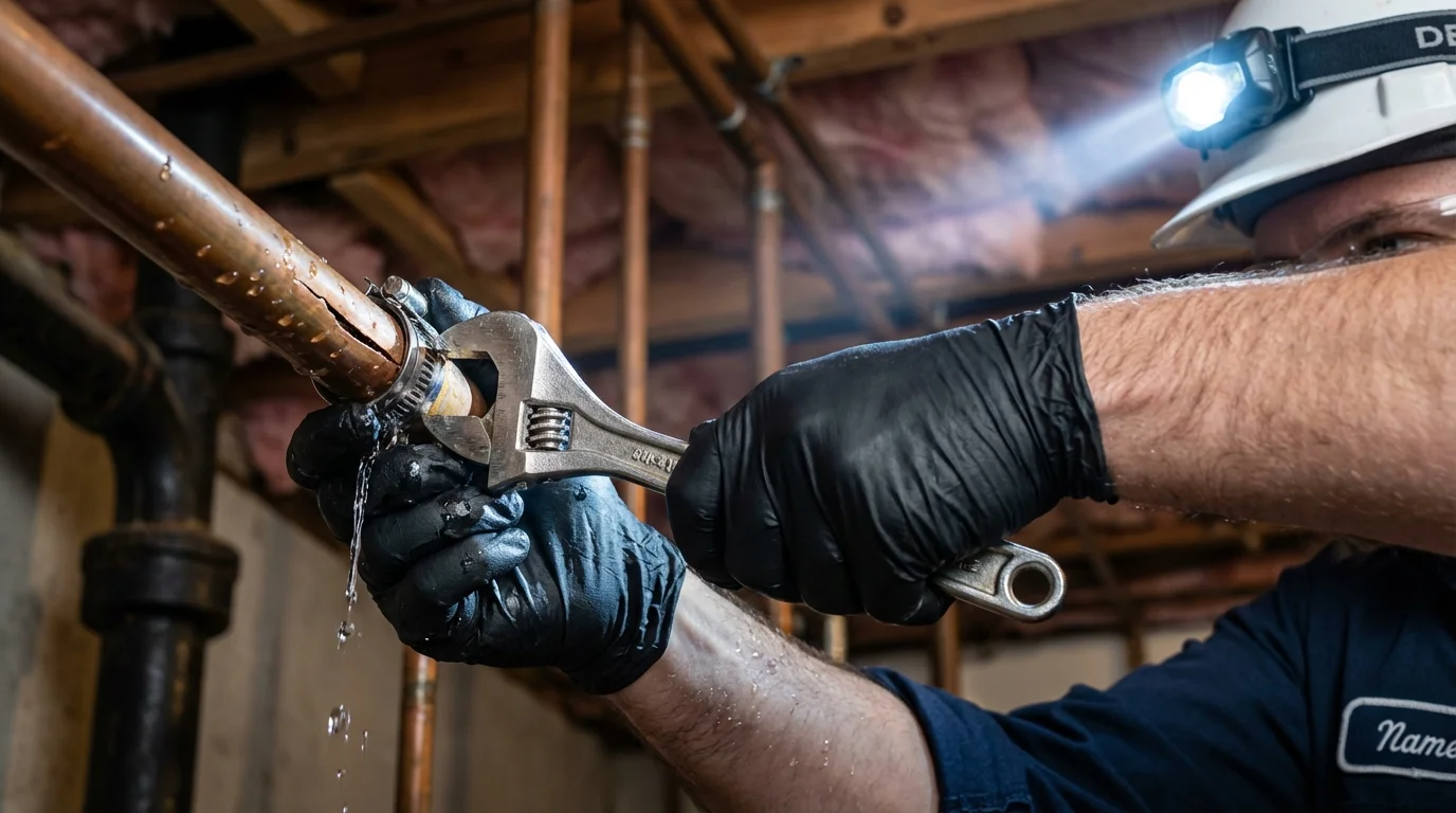 Emergency pipe clamp repair being performed by a Johns Plumbing LLC plumber in South Burlington