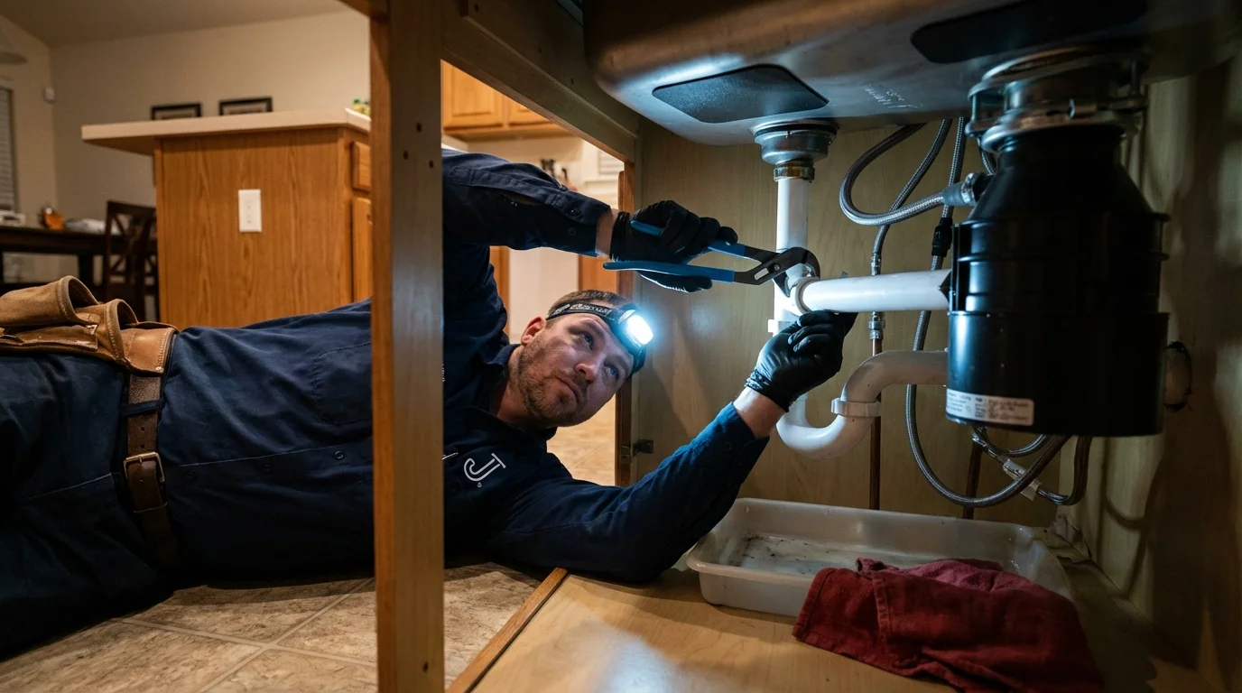 P-trap and supply line connections under a kitchen sink showing a common leak point in South Burlington, VT